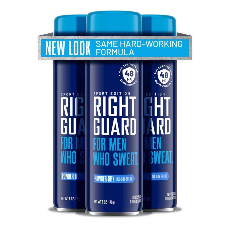 Right Guard سبراي مضاد للتعرق ومزيل عرق رايت غارد سبورت، سبراي مزيل عرق 4 في 1 للرجال، يمنع التعرق، تحكم في الرائحة لمدة 48 ساعة، رائحة بودرة جافة، 6 أونصات (3 عبوات) - Image 1