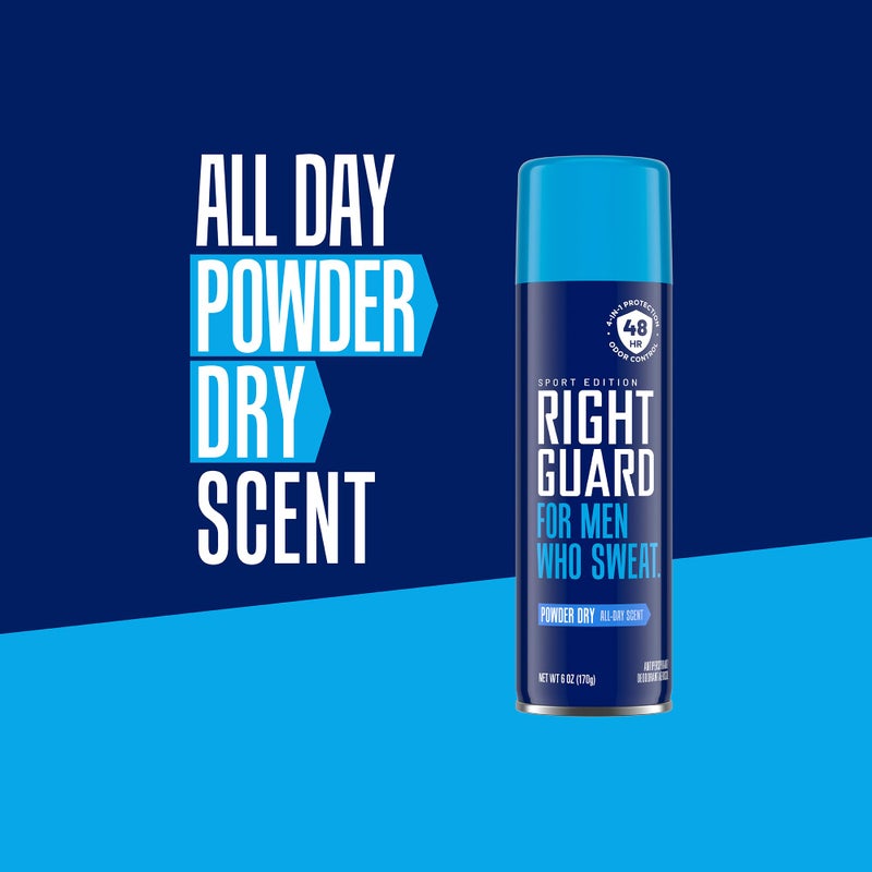 Right Guard سبراي مضاد للتعرق ومزيل عرق رايت غارد سبورت، سبراي مزيل عرق 4 في 1 للرجال، يمنع التعرق، تحكم في الرائحة لمدة 48 ساعة، رائحة بودرة جافة، 6 أونصات (3 عبوات) - Image 2