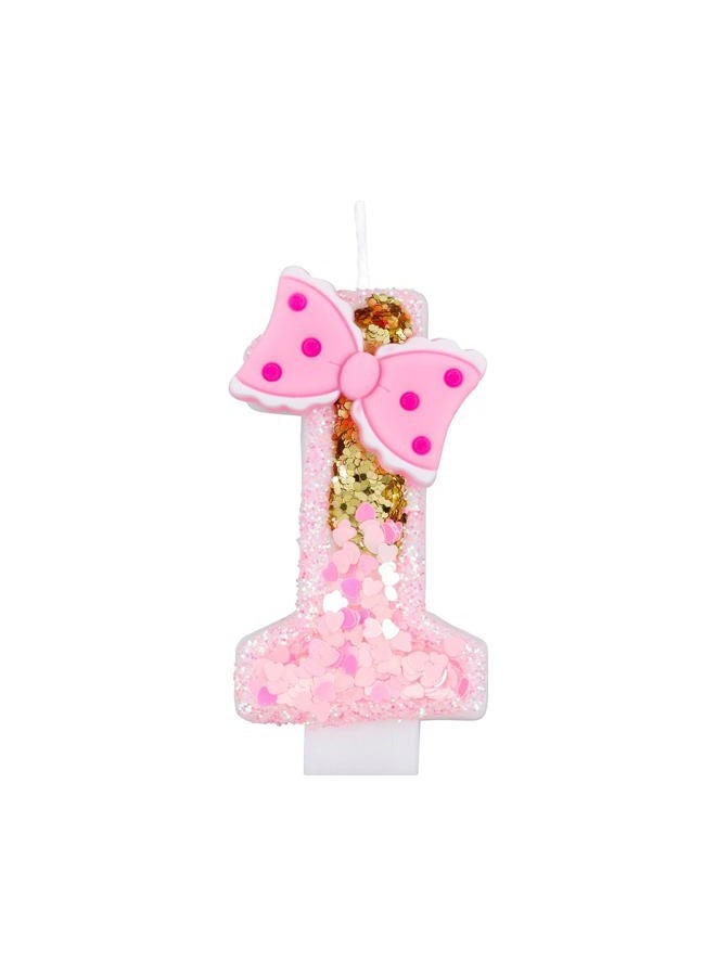 Hongplus Girls Pink 1 Number Birthday Candles, Gold Glitter Pink Number Candles with Bow, Cake Number 1 Birthday Candles for Cake, Candles for Cake, Happy 1st Birthday Party Decoration Celebration for Girls - Image 1