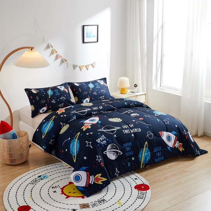 5 PIECE KID COMFORTER SET TWIN SIZE SPACE ROCKET BEDDING SET FOR TEEN BOYS GIRLS