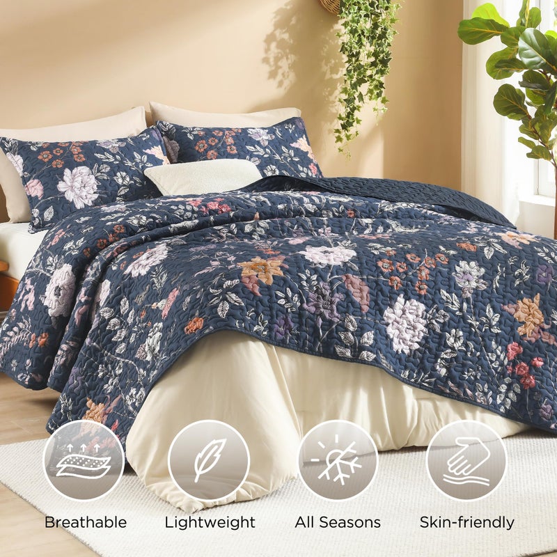 Litanika Floral Navy Blue Quilt King Size - 3 Pieces Botanical Birds Pattern Quilt Bedding, Lightweight Soft Coverlet for All Seasons (106"x96") - Image 3