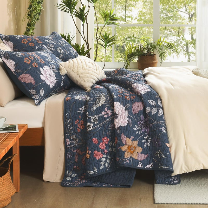 Litanika Floral Navy Blue Quilt King Size - 3 Pieces Botanical Birds Pattern Quilt Bedding, Lightweight Soft Coverlet for All Seasons (106"x96") - Image 2