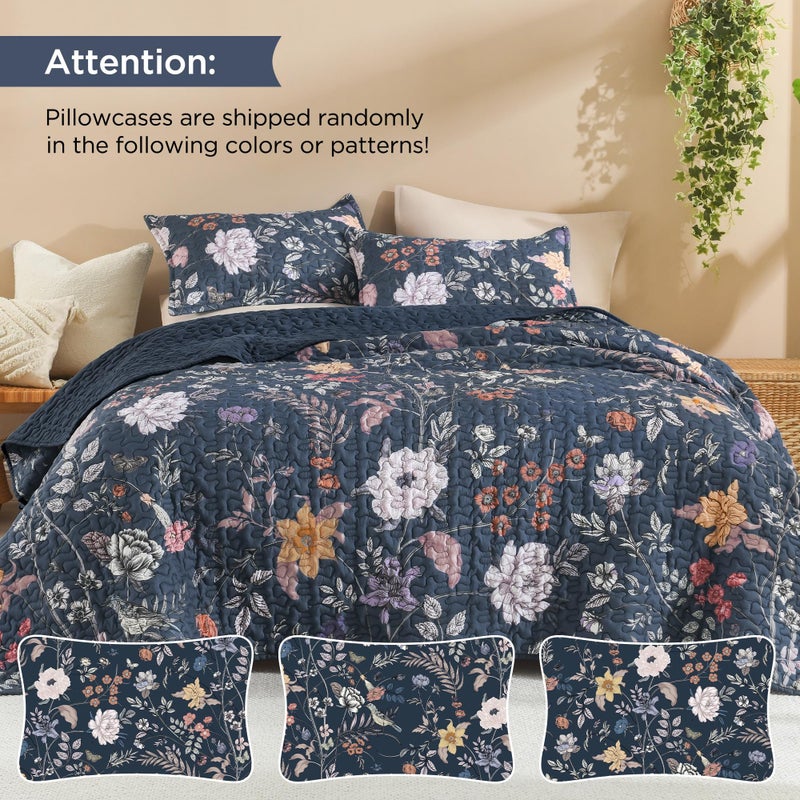 Litanika Floral Navy Blue Quilt King Size - 3 Pieces Botanical Birds Pattern Quilt Bedding, Lightweight Soft Coverlet for All Seasons (106"x96") - Image 5