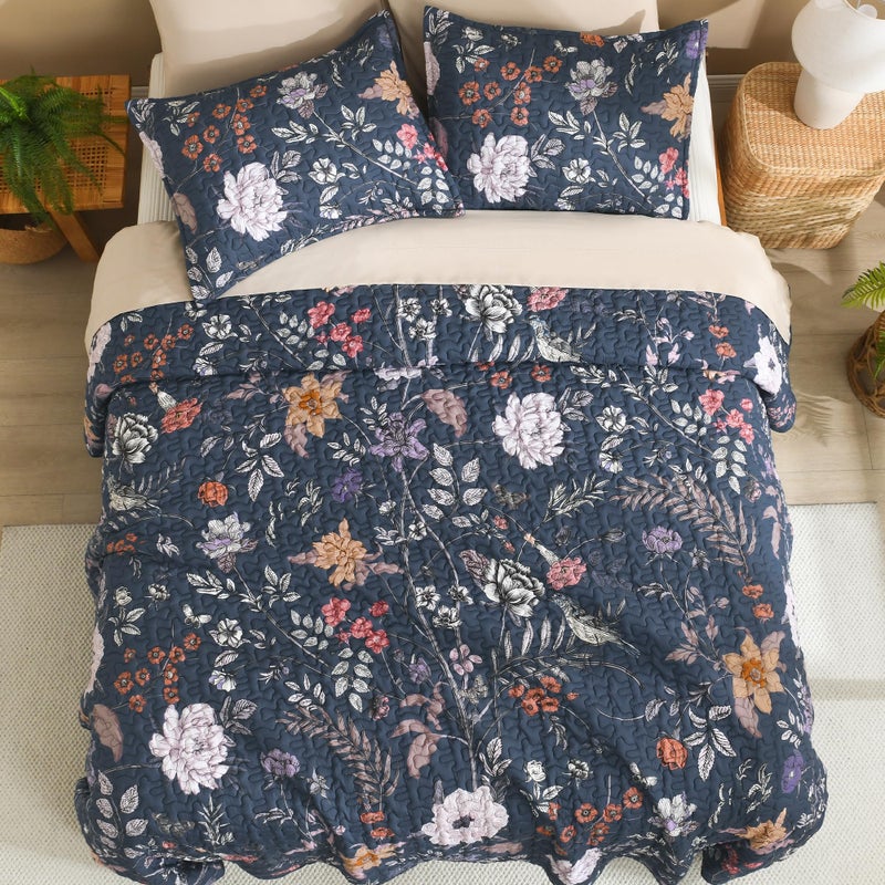 Litanika Floral Navy Blue Quilt King Size - 3 Pieces Botanical Birds Pattern Quilt Bedding, Lightweight Soft Coverlet for All Seasons (106"x96") - Image 4