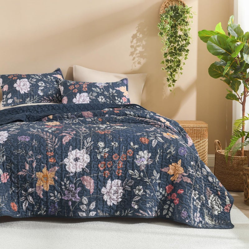 Litanika Floral Navy Blue Quilt King Size - 3 Pieces Botanical Birds Pattern Quilt Bedding, Lightweight Soft Coverlet for All Seasons (106"x96") - Image 1