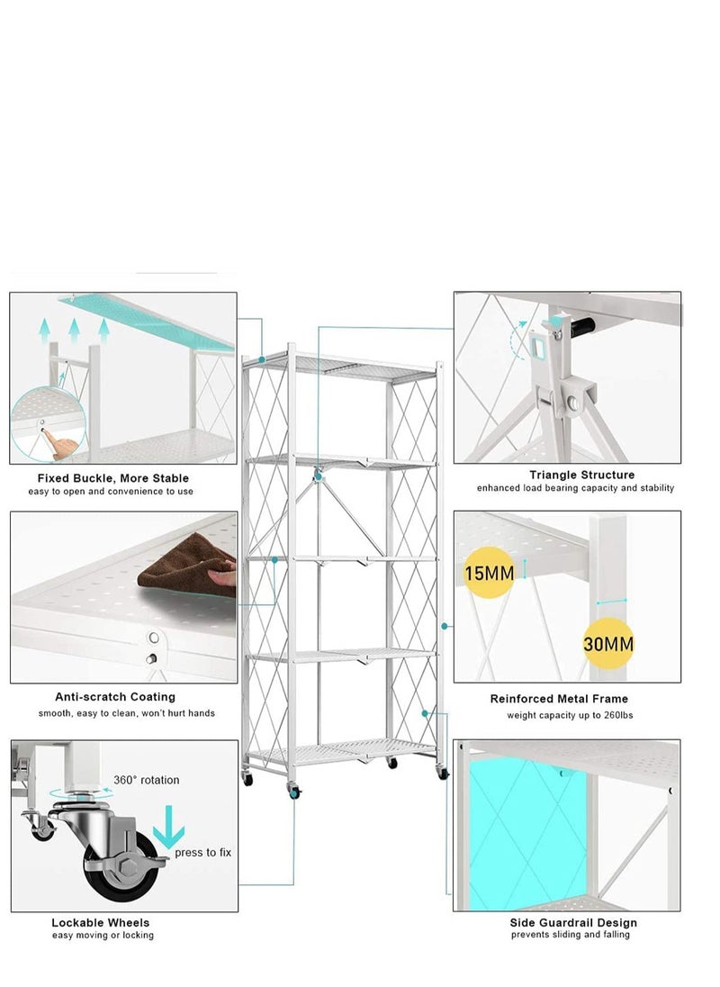 Cozara 5-Layered Foldable Storage Rack With Wheels White 34x71x160cm  - Image 3
