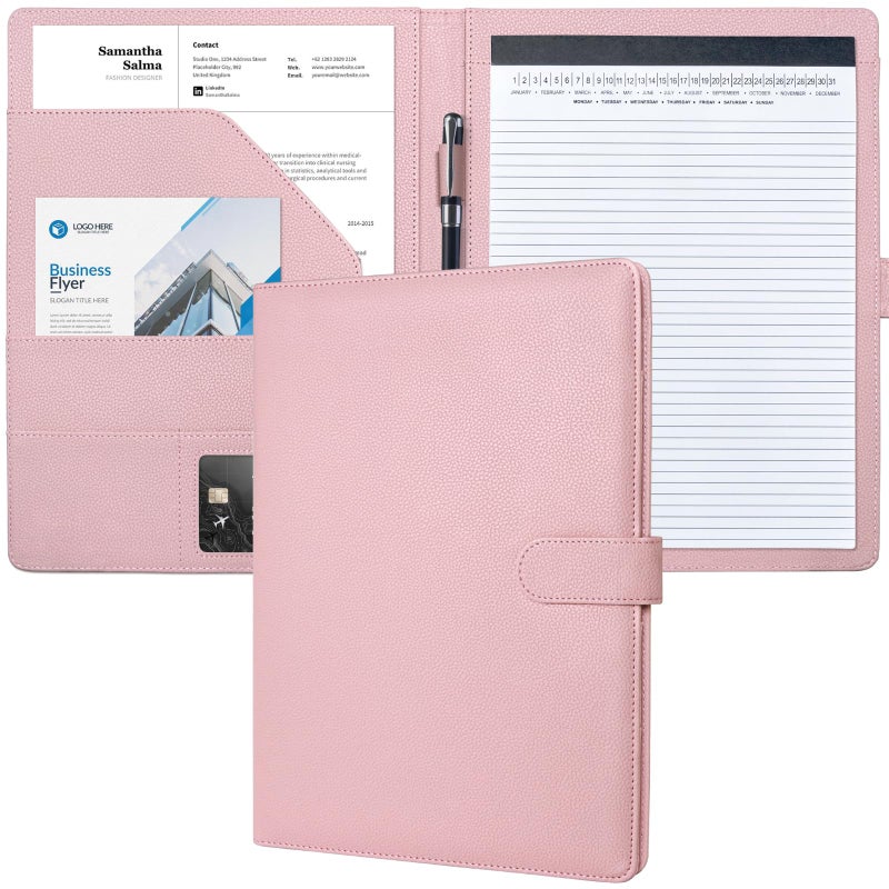 Mymazn Padfolio Portfolio Folder, Faux Leather Interview Resume Folder with Document Organizer & Business Card Holder, Letter-Sized Notepad Legal Pad Holder for Men Women (Pink) - Image 1