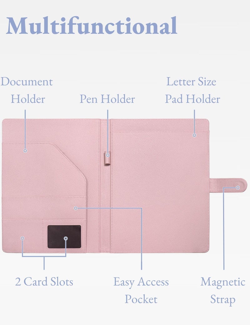 Mymazn Padfolio Portfolio Folder, Faux Leather Interview Resume Folder with Document Organizer & Business Card Holder, Letter-Sized Notepad Legal Pad Holder for Men Women (Pink) - Image 3