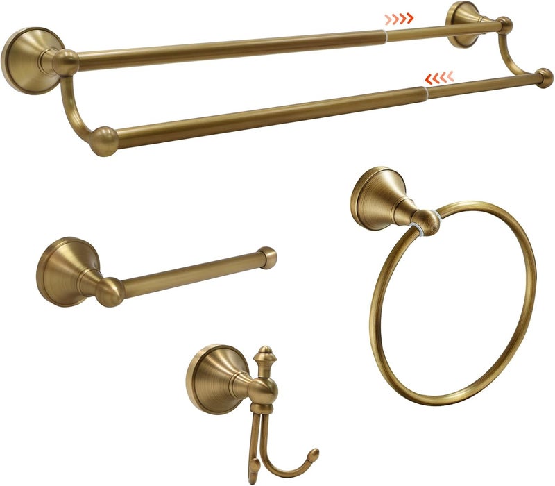 TooCust 4 Piece Antique Brass Gold Bathroom Towel Bar Set - 16"-27.7" Adjustable Towel Bar, Wall Mounted Antique Brass Bathroom Hardware, Antique Brass Towel Holder - Image 1