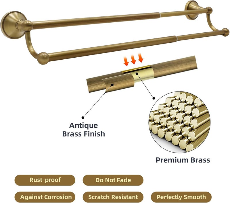TooCust 4 Piece Antique Brass Gold Bathroom Towel Bar Set - 16"-27.7" Adjustable Towel Bar, Wall Mounted Antique Brass Bathroom Hardware, Antique Brass Towel Holder - Image 3