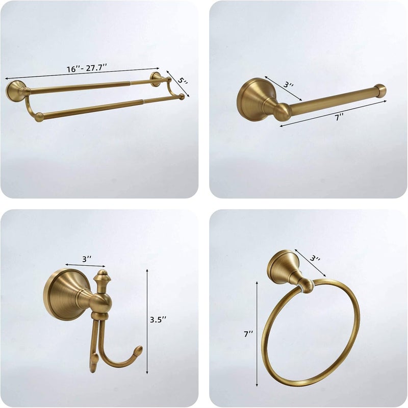 TooCust 4 Piece Antique Brass Gold Bathroom Towel Bar Set - 16"-27.7" Adjustable Towel Bar, Wall Mounted Antique Brass Bathroom Hardware, Antique Brass Towel Holder - Image 4