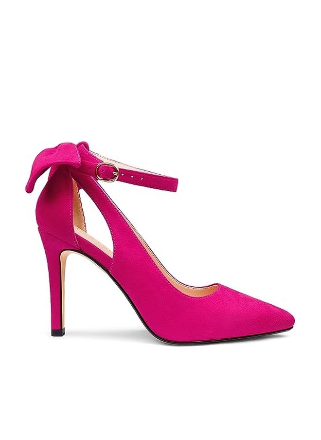 COLETER Womens Bow Knot High Heels Pointed Toe Stiletto Ankle Strap D'Orsay Pumps Bow Evening Dress Shoes Suede Hot Pink 10US - Image 1