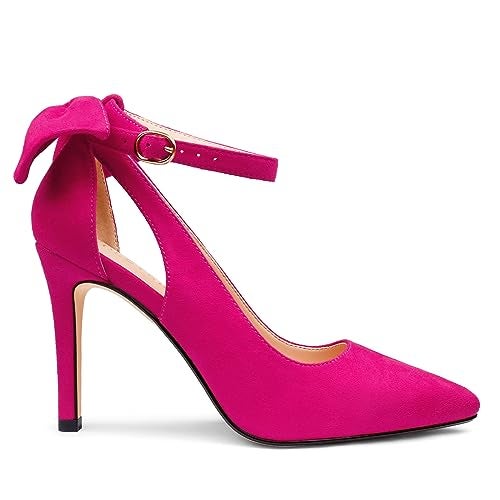COLETER Womens Bow Knot High Heels Pointed Toe Stiletto Ankle Strap D'Orsay Pumps Bow Evening Dress Shoes Suede Hot Pink 10US - Image 5