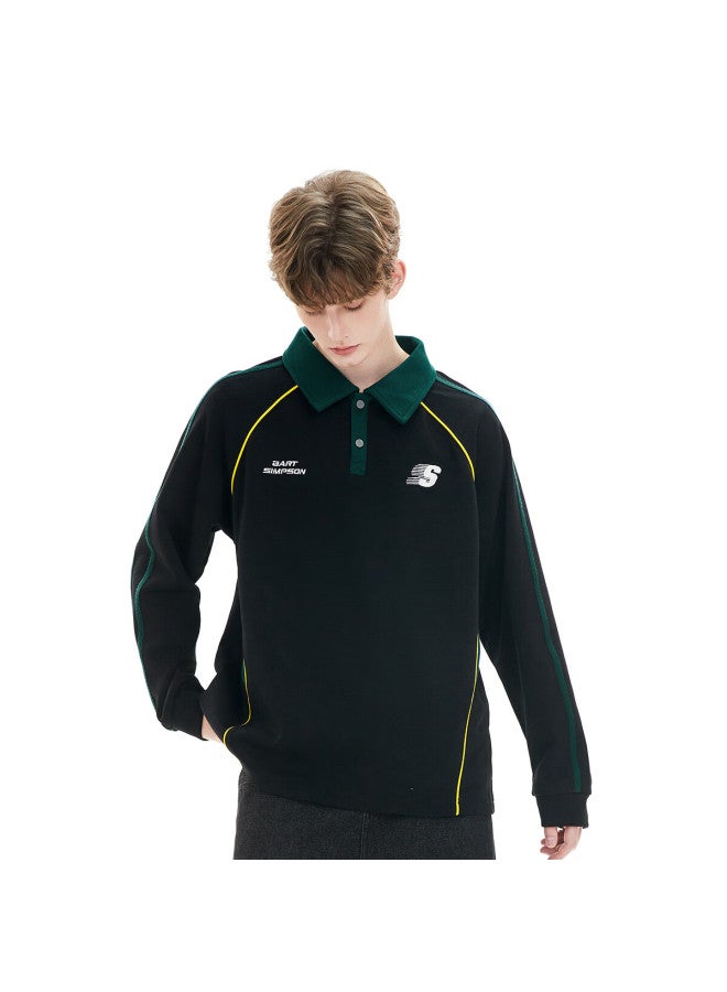 The Simpsons Casual Spring And Autumn Trendy Loose Colorblock Spliced Uni Long Sleeve Polo Shirt Black Regular 2XL - Image 2
