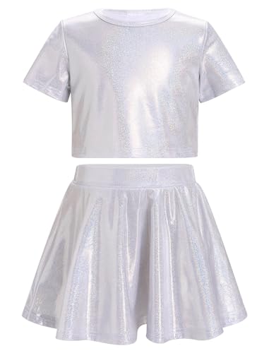 ODASDO Kids Girls Jazz Dance Outfit Shiny Metallic Oneck Short Sleeve Crop Top Pleated Skirt Set Sparkly Ballet Dancewear Stage Performance Latin Hip Hop Clothing Silver 45 Years - Image 3