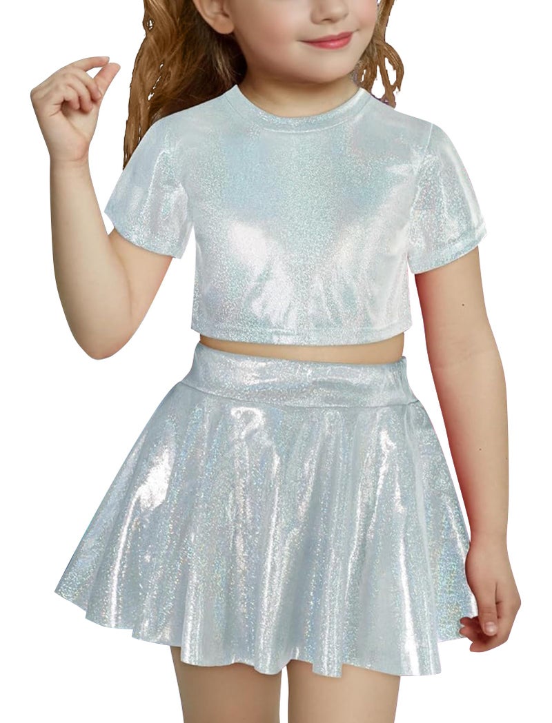 ODASDO Kids Girls Jazz Dance Outfit Shiny Metallic Oneck Short Sleeve Crop Top Pleated Skirt Set Sparkly Ballet Dancewear Stage Performance Latin Hip Hop Clothing Silver 45 Years - Image 2