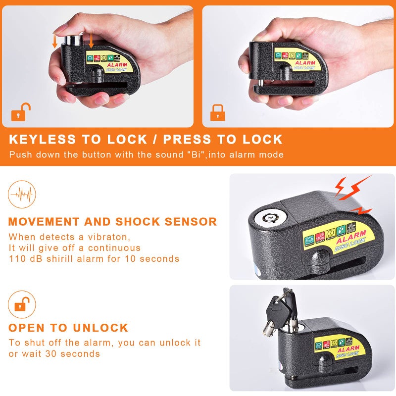 Mathtoxyz Motorcycle Alarm Disc Brake Lock, Motorcycle Locks Anti-Theft Security Wheel Disc Lock Waterproof 110dB Alarm Sound with 5ft Reminder Cable Keys and Carry Pouch for Motorbike Bike Scooter - Image 4
