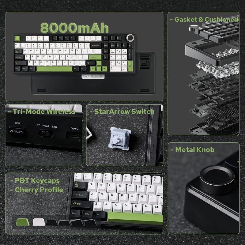 EPOMAKER X AULA F99 PRO Wireless Gaming Keyboard, Hot Swappable, 2.4GHz/Type-C/BT5.0 Custom Mechanical Keyboard with 8000mAh Battery, RGB Backlit (Black&White&Green) - Image 2