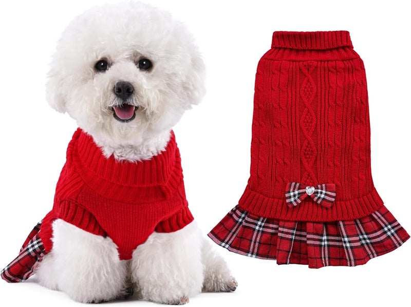 KUTKUT Small Dog Cat Girl Sweater Dress with Plaid Bowtie Pleated Skirt, Leash Hole, Turtleneck Pullover Knitwear for Puppy Winter Clothes (Size: M, Chest: 42cm - 48cm) - Image 1