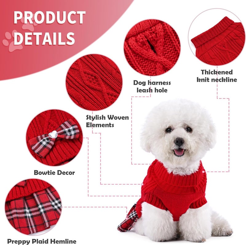 KUTKUT Small Dog Cat Girl Sweater Dress with Plaid Bowtie Pleated Skirt, Leash Hole, Turtleneck Pullover Knitwear for Puppy Winter Clothes (Size: M, Chest: 42cm - 48cm) - Image 3
