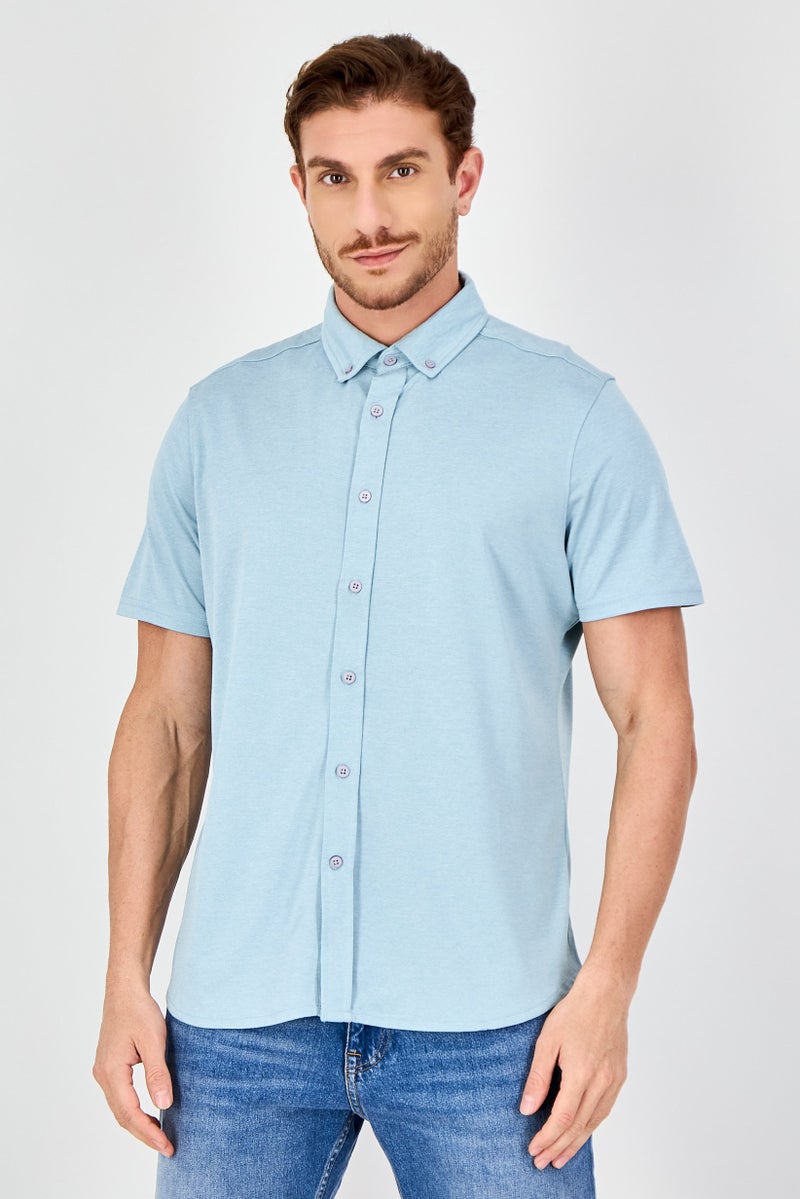 Report Collection Men Regular Fit Heather Short Sleeve Casual Shirt, Light Blue - Image 1