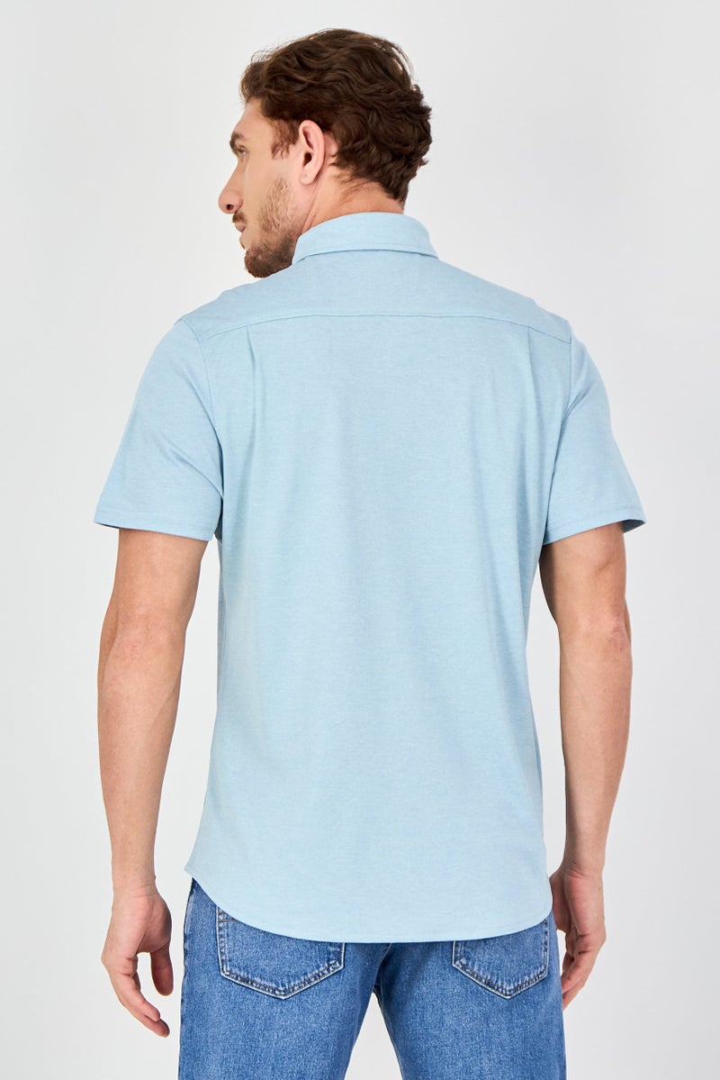 Report Collection Men Regular Fit Heather Short Sleeve Casual Shirt, Light Blue - Image 3