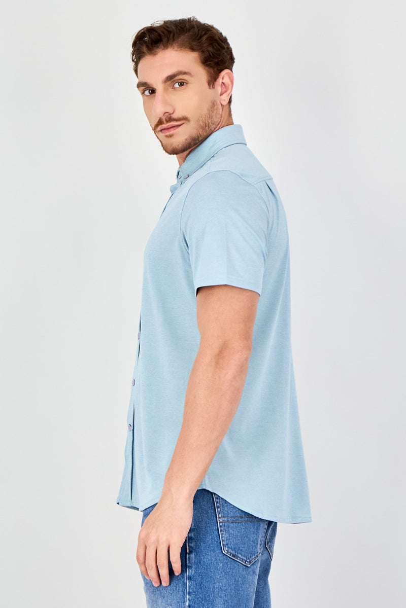 Report Collection Men Regular Fit Heather Short Sleeve Casual Shirt, Light Blue - Image 2