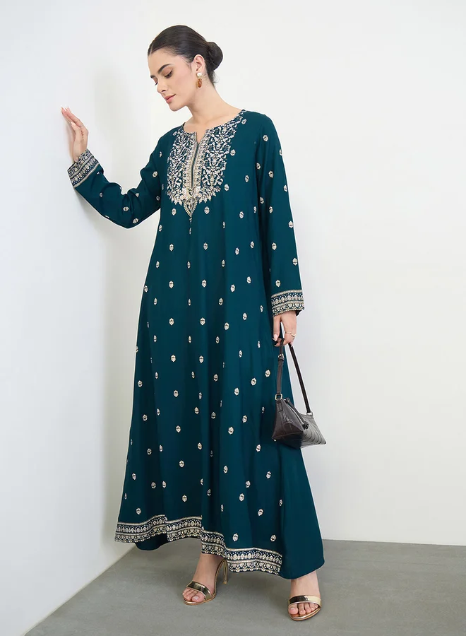 Amirah Navy Blue Border Print Long Sleeve Jalabiya