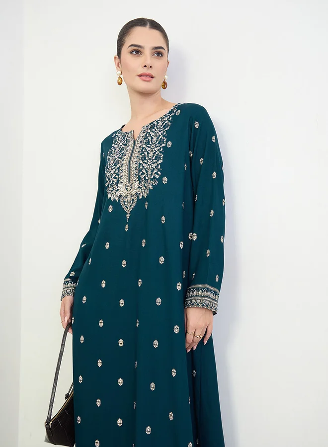 Amirah Navy Blue Border Print Long Sleeve Jalabiya