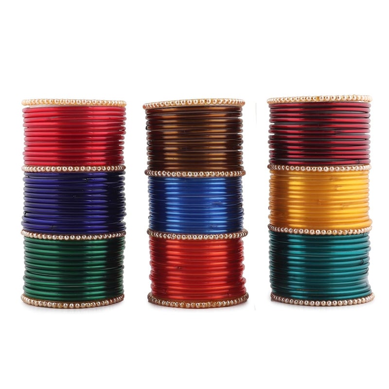 Khannak Store Glossy Shine Glass Bangles 9 colours 12 bangles each along with 12 pearl(moti) bangles for Woman and Girls (120 count) - Image 1