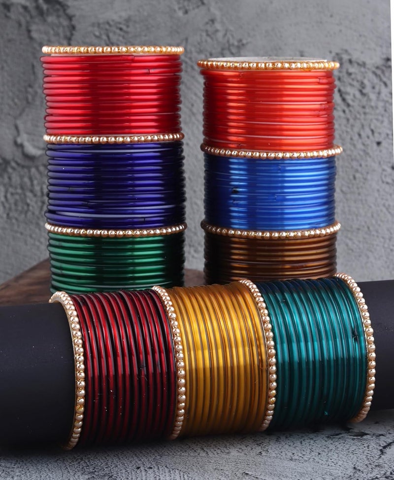 Khannak Store Glossy Shine Glass Bangles 9 colours 12 bangles each along with 12 pearl(moti) bangles for Woman and Girls (120 count) - Image 2