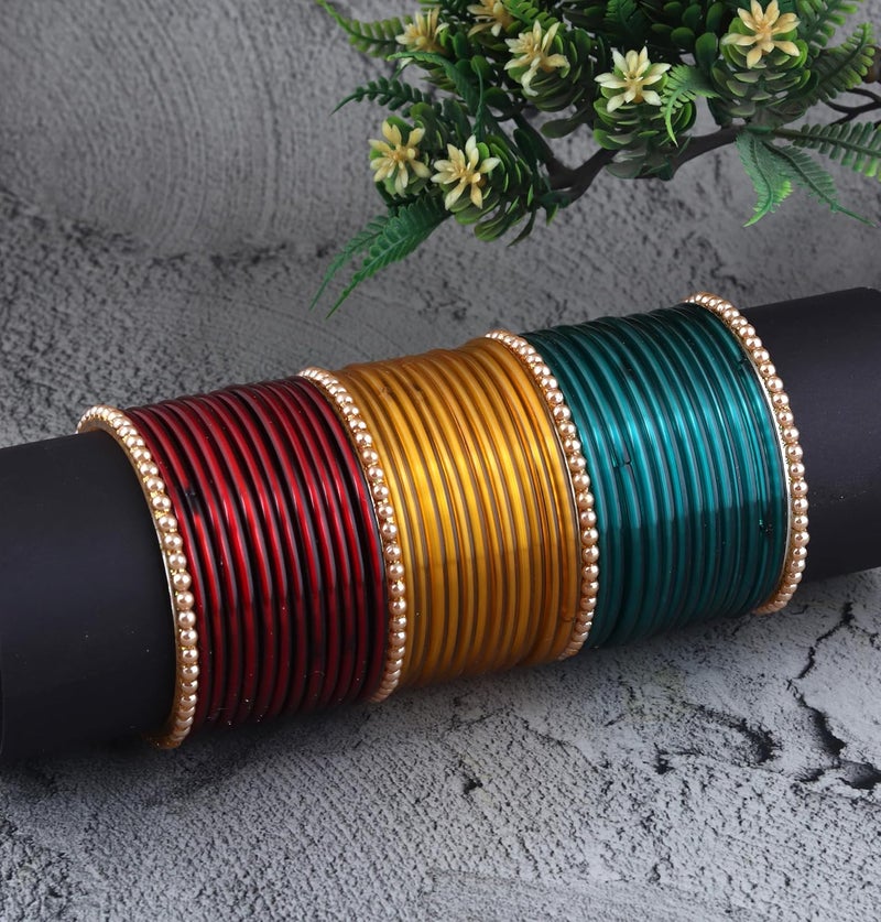 Khannak Store Glossy Shine Glass Bangles 9 colours 12 bangles each along with 12 pearl(moti) bangles for Woman and Girls (120 count) - Image 3