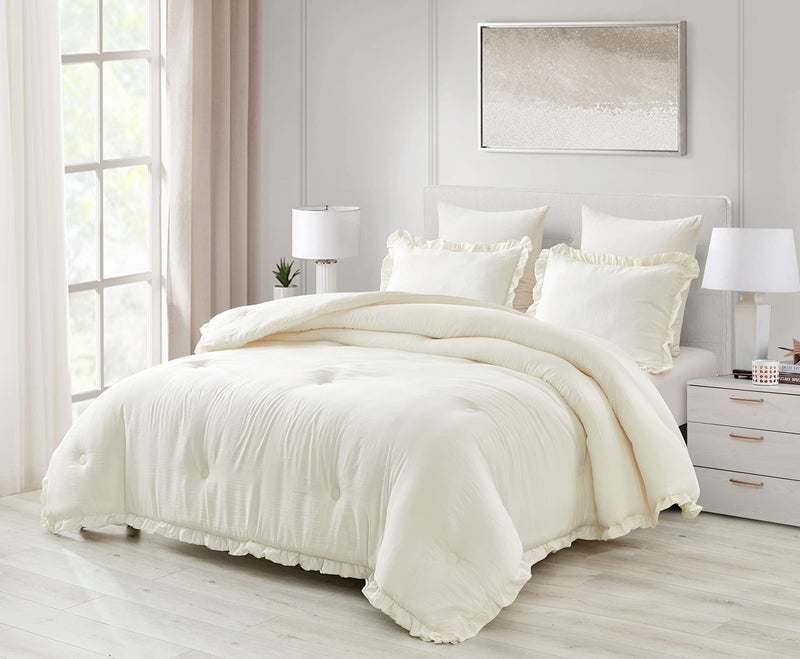 Chezmoi Collection Nora 3Piece Ruffled Edge Trim Soft Washed Microfiber Comforter Set King Ivory