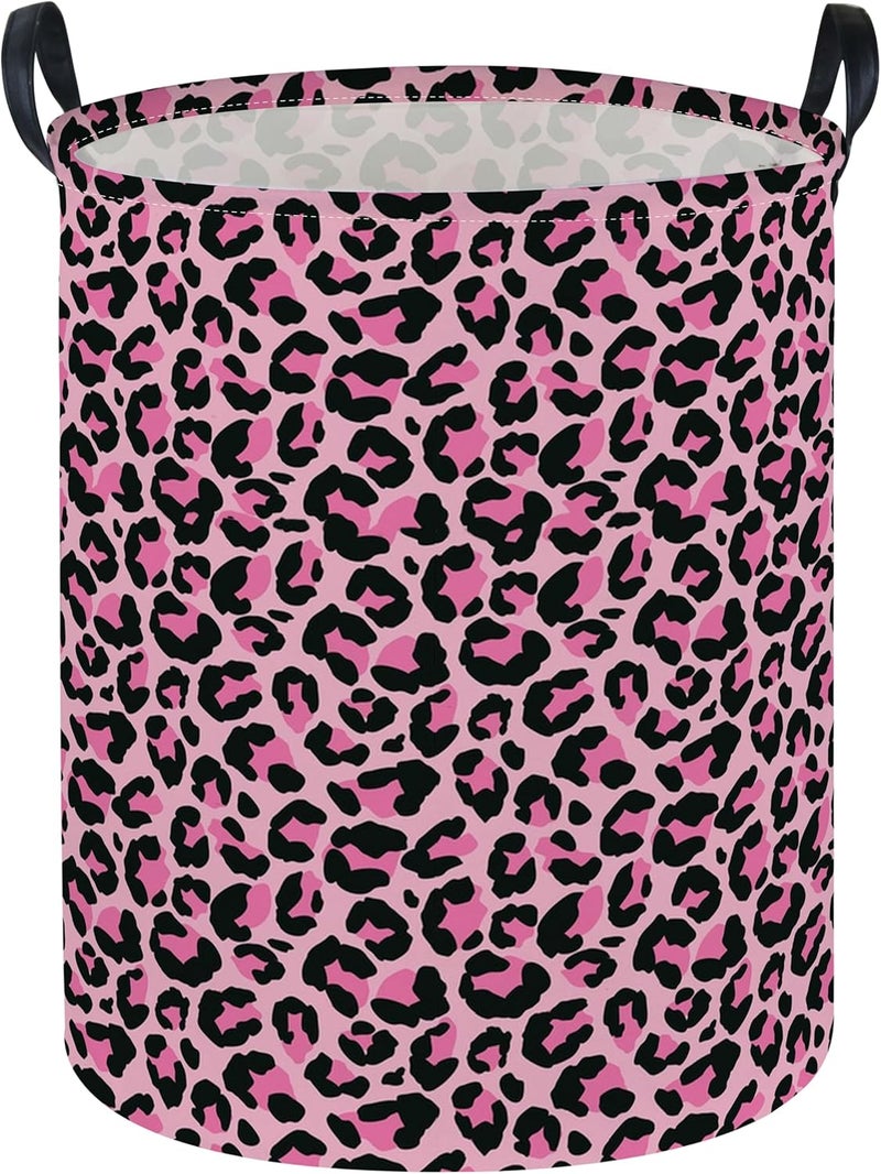 ESSME Kids Laundry Basket,Pink Hamper Collapsible Canvas Waterproof Storage Bin for Girls, Leopard Print Hamper,Gift Baskets(Pink Leopard Print) - Image 1