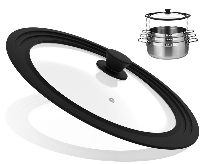 Universal Lid for Pots Pans and Skillets Vented Tempered Glass with Heat Resistant Silicone Rim Fits 6 inch 7 inch 8 inch Cookware Replacement Lid Black