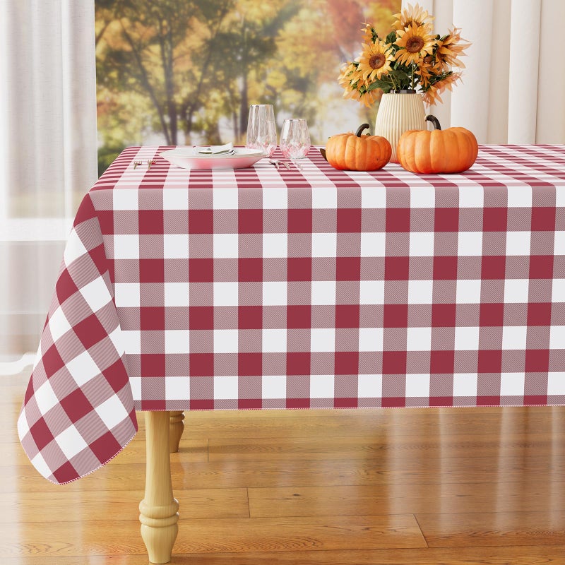 misaya Rectangle Waterproof Vinyl Table Cloth Buffalo Flannel Backed Tablecloth Wipeable Plastic Table Cover for Dinner Kitchen Outdoor 60 x 84 Burgundy and White