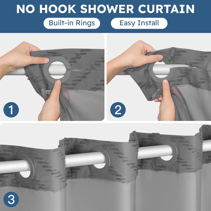 FADOTY No Hook Shower Curtain and Snap in Liner Set Grey Tufted Chevron Striped Cloth Waterproof Washable Fabric Boho Gray Bath Curtain with See Through Mesh Top Window for Bathroom Hotel 71"" x 74"" - Image 2