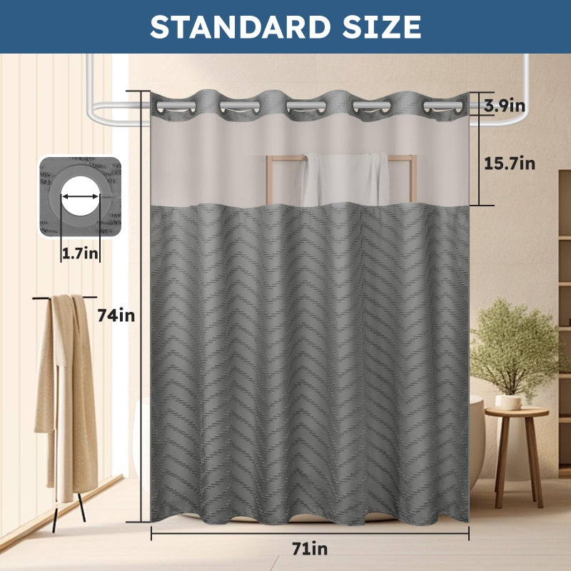 FADOTY No Hook Shower Curtain and Snap in Liner Set Grey Tufted Chevron Striped Cloth Waterproof Washable Fabric Boho Gray Bath Curtain with See Through Mesh Top Window for Bathroom Hotel 71"" x 74"" - Image 5