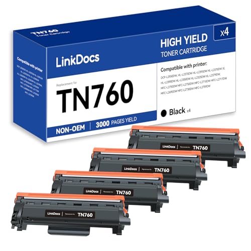 LinkDocs TN760 Toner Cartridge Replacement for Brother TN-760 TN730 to Use with HL-L2350DW HL-L2395DW HL-L2390DW HL-L2370DW MFC-L2750DW MFC-L2710DW DCP-L2550DW (Black, 4 Pack) - Image 1