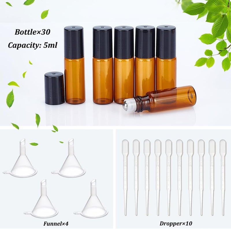 BENECREAT 30 Pack 5ml Amber Glass Bottles Essential Oils Roller Bottles with Stainless Steel Balls for Essential Oils/Other Liquids - Image 3