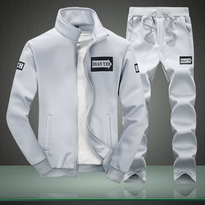 Spring and Autumn New Mens Sweatshirt suit Korean Slim-fit Long-sleeved Sweatshirt suit Student Sports Leisure suit Trendy Grey.