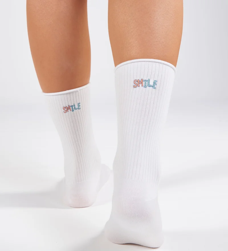 Forwena Smile Patterned White Derby Seamless Elastic Modal Socks