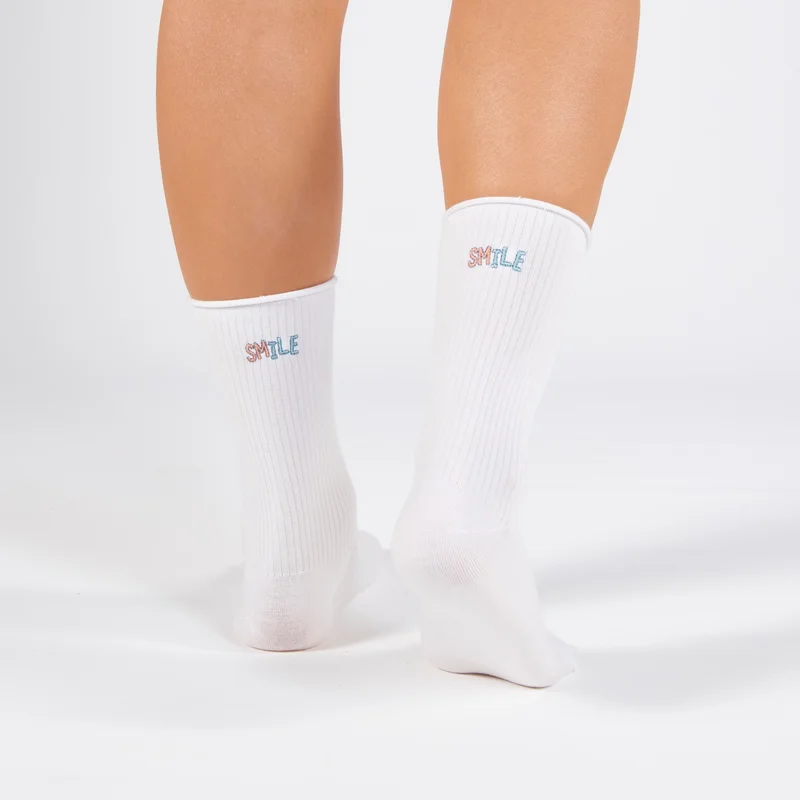 Forwena Smile Patterned White Derby Seamless Elastic Modal Socks