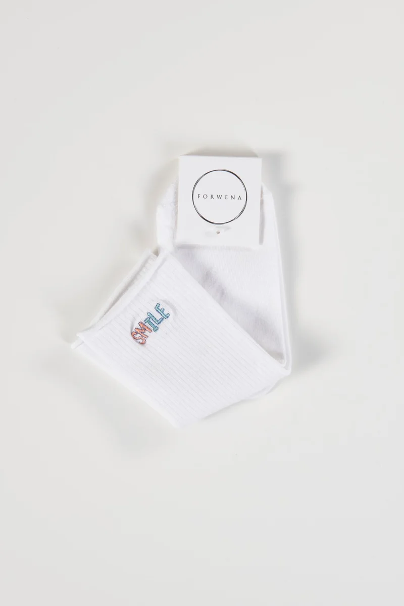 Forwena Smile Patterned White Derby Seamless Elastic Modal Socks