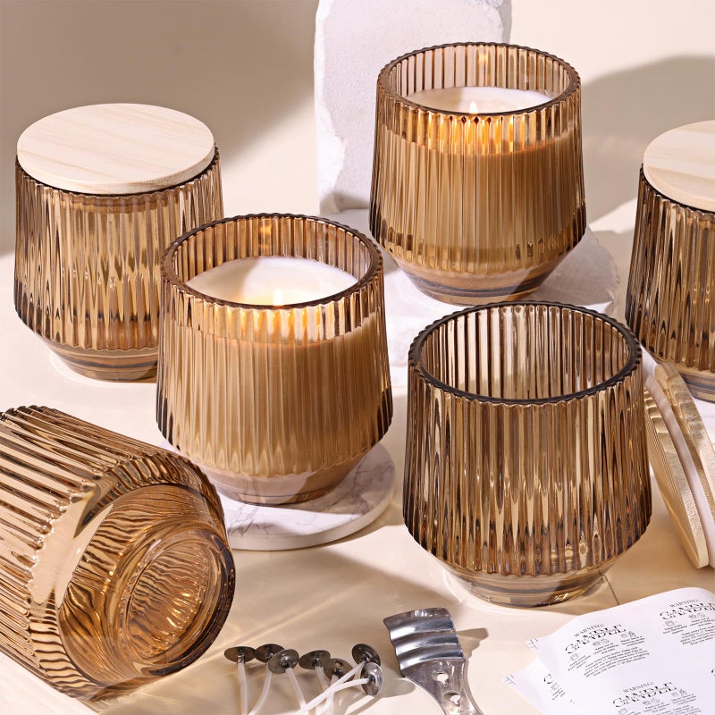 Simeitol 13 OZ Candle Making Kit - 6 Pack Amber Ribbed Glass Jars With Bamboo Lids and Wick Kit for Containers - Image 1