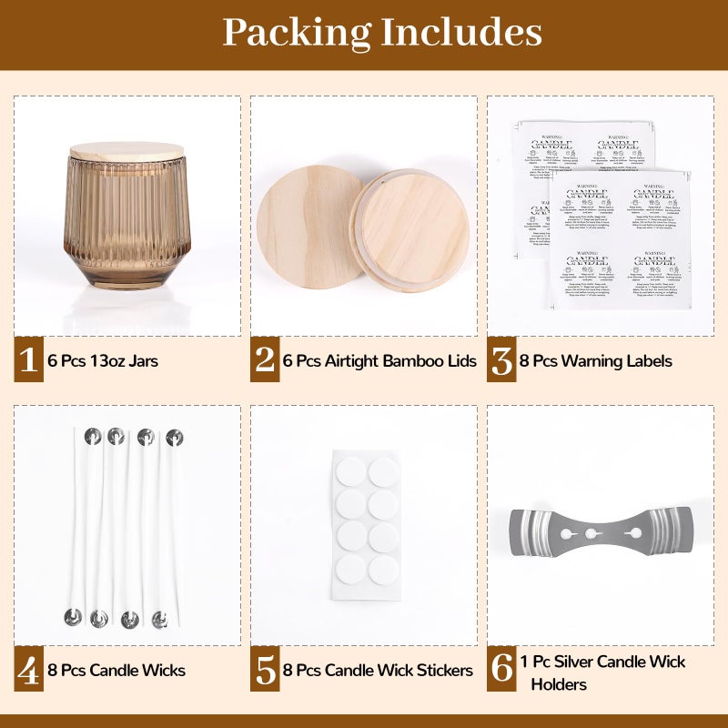 Simeitol 13 OZ Candle Making Kit - 6 Pack Amber Ribbed Glass Jars With Bamboo Lids and Wick Kit for Containers - Image 3