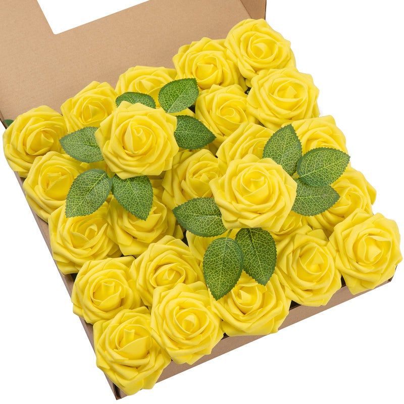 DuHouse 25Pcs Artificial Roses Flowers Fake Roses with Stems Real Touch Foam Flowers for DIY Wedding Bouquet Baby Shower Centerpiece Floral Arrangement Party Home DecorYellow