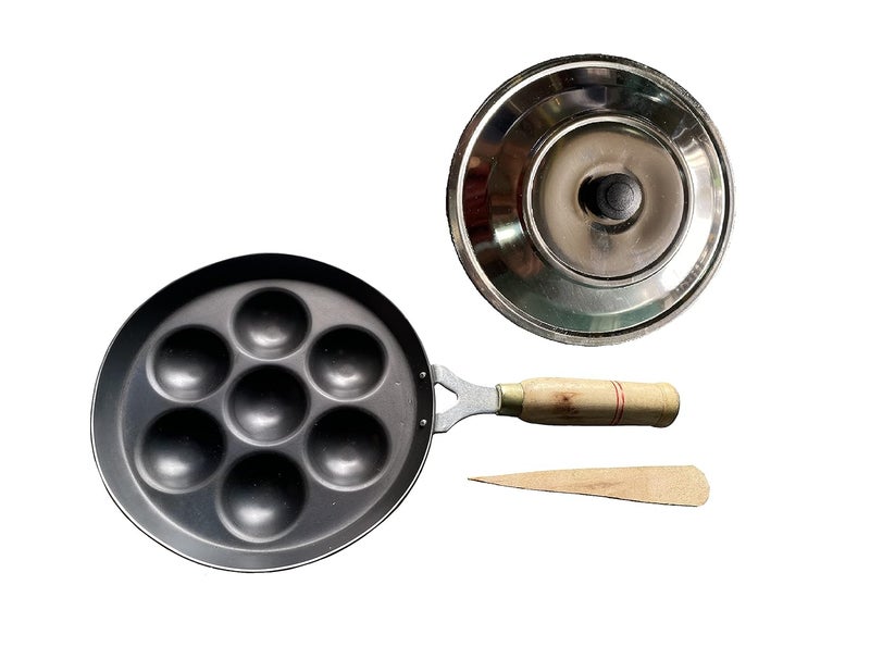 Tinax 7Cavities Pure Iron Appam Patra PaniyarrakalPaniyaramAppam PanMakerPan Cake Maker Wooden Handle 9inch - Image 1