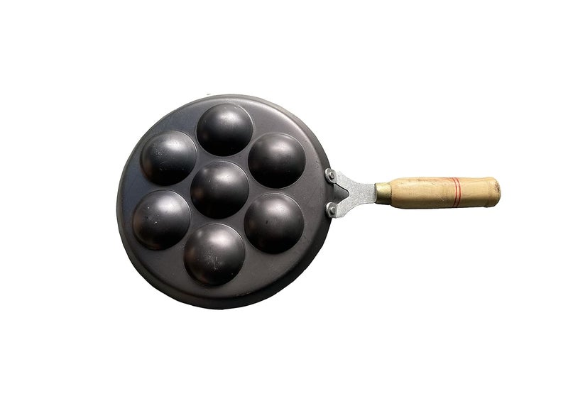 Tinax 7Cavities Pure Iron Appam Patra PaniyarrakalPaniyaramAppam PanMakerPan Cake Maker Wooden Handle 9inch - Image 3
