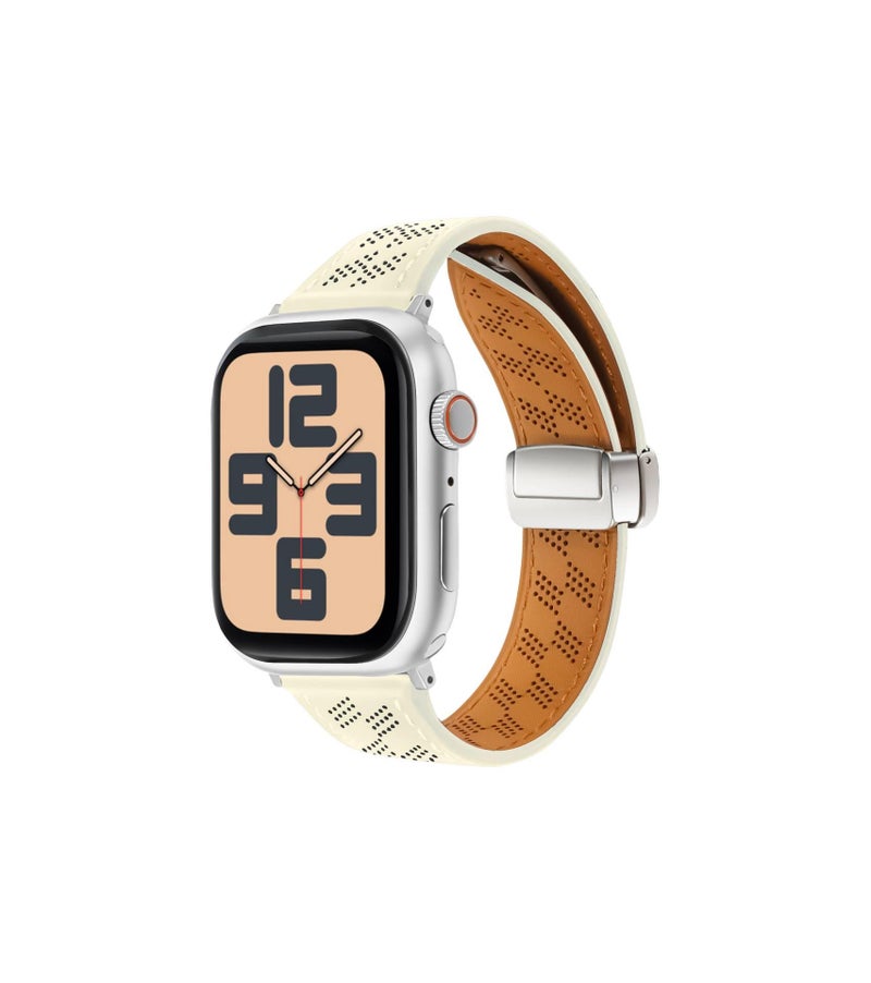 سوار ساعة ذكية سوار جلدي كلاسيكي متوافق مع Apple Watch 38/40/41/42/44/45/49mm بملاءمة قابلة للتعديل وحزام بديل باللون أبيض قابل للتعديل - Image 1